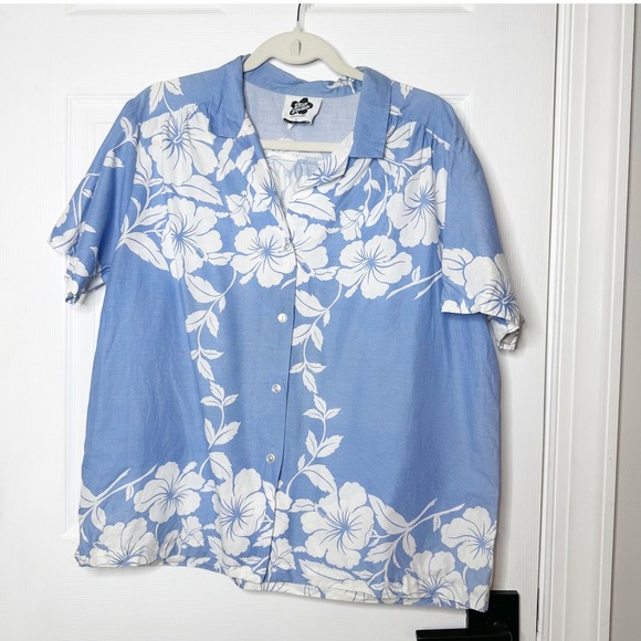 Hilo Hattie Other - Vintage Hilo Hattie Hawaiian Shirt Mens L Blue White Hibiscus Floral Cotton